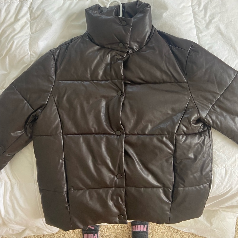 zara brown leather puffer
